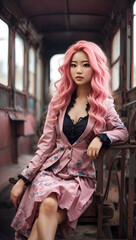 A woman with pink hair sits on a rusted railing in a train car. She wears a pink suit and black lingerie. ai generative