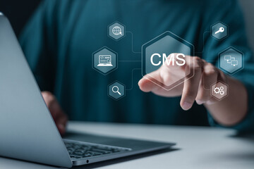 CMS, Content management system concept. Person using laptop with virtual screen for content...