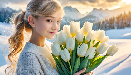 白いチューリップの花束を抱いて微笑む少女（春,愛,ピュア,ハピネス,贈り物などのイメージ）