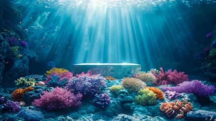 Foto op Canvas enchanting underwater scene with vibrant coral formations surrounding a stone platform bathed in sunbeams. Use for product presentation. © Paphawin
