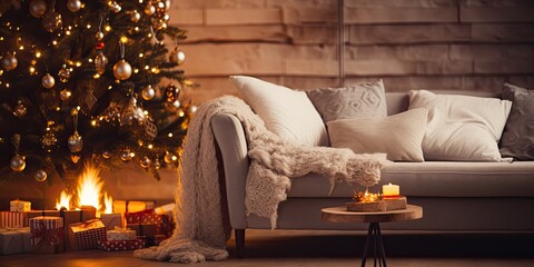 Blurred background with cozy room decor, including Christmas coffee table, sofa, tree, garland, fireplace, and New Year's accents.