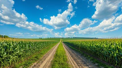 Fototapeta na wymiar Expansive cornfield under blue sky background