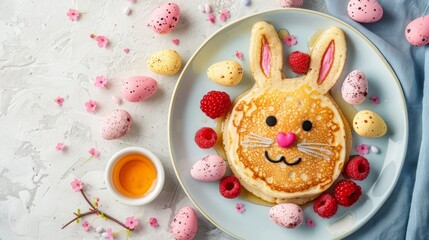 Easter bunny pancake breakfast with berries, honey, and pastel eggs on white background