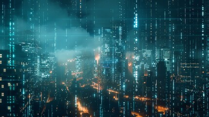 Fototapeta na wymiar Futuristic city skyline with digital binary code matrix