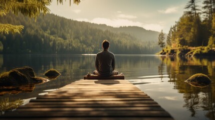 A person practices mindfulness in a serene place on the shores of a lake