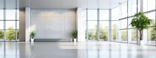 Modern office hall interior with a large window and empty space over the white wall - obrazy, fototapety, plakaty