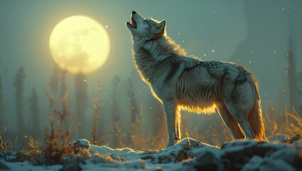 Lone wolf howling on a moonlit rocky terrain, epitomizing the wild spirit and the essence of wilderness survival