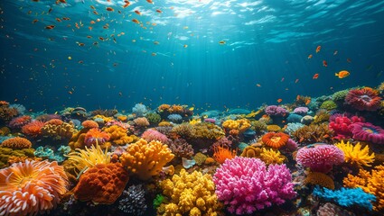 Fototapeta na wymiar Underwater marvel, a vibrant coral reef bustling with diverse aquatic life, highlighting the delicate balance of marine ecosystems