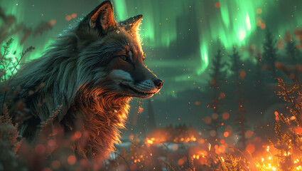 A silent forest under the northern lights, showcasing a fox in its nocturnal hunt, blending the...