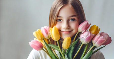 黄色とピンクのチューリップの花束を抱いて微笑む少女（春,愛,ピュア,贈り物などのイメージ）
