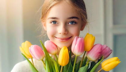 黄色とピンクのチューリップの花束を抱いて微笑む少女（春,愛,ピュア,贈り物などのイメージ）