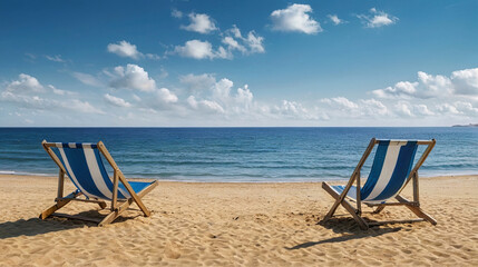 Two empty beach chairs on the beautiful beach , calmness , without people just nature. Generated AI