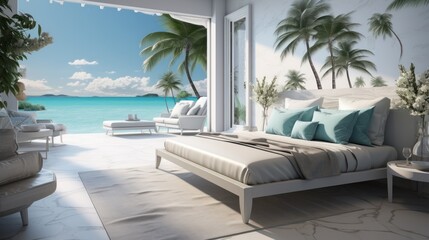luxury room in a resort with windows and paradisiacal beach - obrazy, fototapety, plakaty