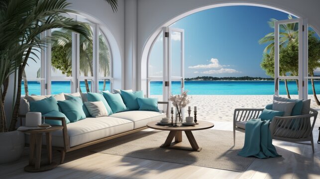 Sea view empty large living room of luxury summer beach house with swimming pool near terrace. Big white wall background in vacation home or holiday villa