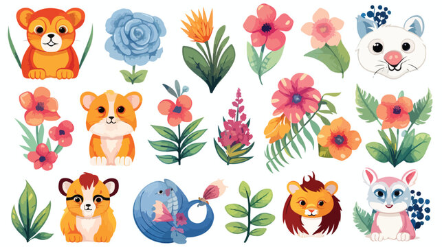 Tropical flowers and cute animals design freehand
