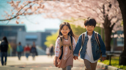 桜の前で仲良しな二人の小学生　Generative AI - obrazy, fototapety, plakaty