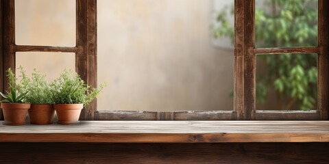 Wooden table with window backdrop for showcasing products.