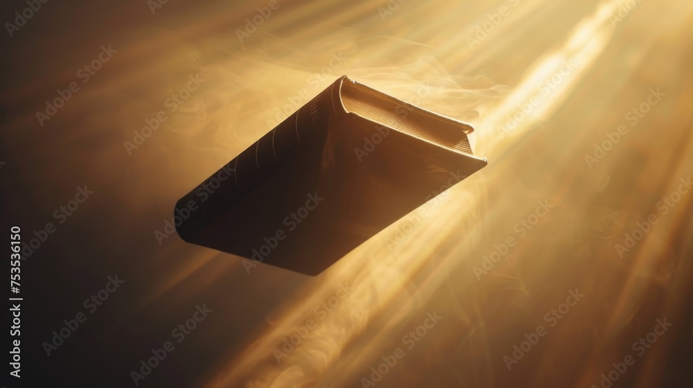 Wall mural silhouette of a bible floating in mid-air with light rays