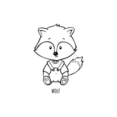 cute wolf in overalls and t-shirt sitting vector sketch for coloring. wolf cub sit hand drawing vector