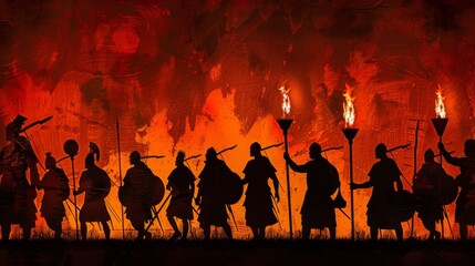 Fototapeta na wymiar Silhouette of Gideon and his 300 men with torches and jars
