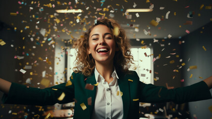 Female employee is happy and celebrates business success Reflects happiness and success in the workplace