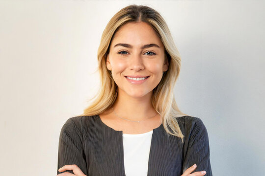 Portrait Of Young Happy Woman Arms Crossed Blonde Looks In Camera On Studio White Background