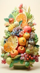 Naklejka na ściany i meble Adorable 3D isometric fruit ensemble pastel tones on a white canvas