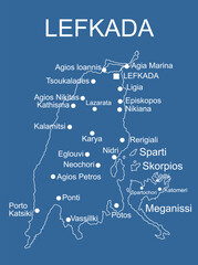 Greece island Lefkada map vector line contour silhouette illustration isolated on blue background. Greek paradise Ionian  island. - obrazy, fototapety, plakaty
