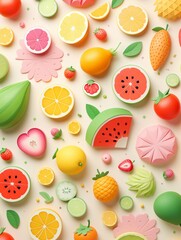 Playful pastel fruit collection in a 3D isometric style