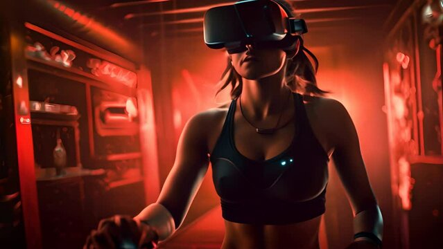 Woman wearing virtual reality headset and running on treadmill in a gym,generative ai