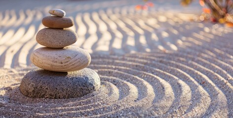 Peaceful Zen garden with smooth stones and raked sand background