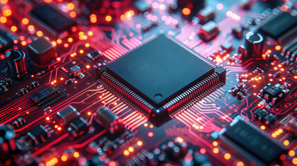 Ai Artificial intelligence micro chip CPU. Computer CPU Circuit Board with Processor in Macro View. background banner