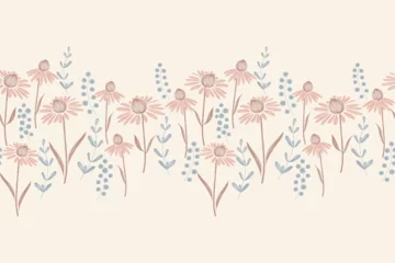 Poster de jardin Style bohème Pink flower pattern seamless background border frame. Vector illustration hand drawn peach pink coneflower floral with branches leaves. 
