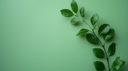 Fresh sprig of green leaves on green color background, copy space. 