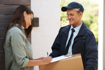 Package, woman and courier with delivery, signature and parcel with compliance and customer. Home,...