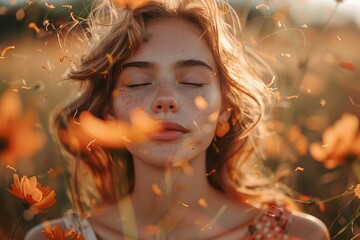 Ethereal image of a young woman with closed eyes as orange petals whirl around her in a dreamy scene