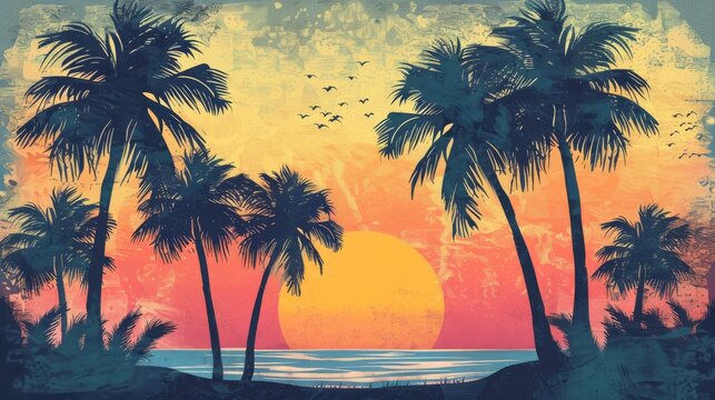 Retro sunset with silhouetted palm trees, vintage style