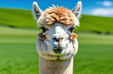 Obraz premium A portrait of funny Alpaca animal grazing on green field on blue sky