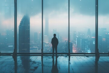 Fototapeta premium Silhouette of a Person Overlooking the City at Dusk. Silhouette of a person standing in a high-rise building, contemplating the cityscape at twilight.