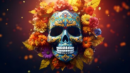 Mexican Day of the Dead El Dia de Muertos Skull with flowers and leaves Mexican autumn holiday Fiesta Mystic horror concept Generative AI
 - obrazy, fototapety, plakaty