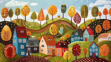Colorful Quaint Village Artistic Illustration
