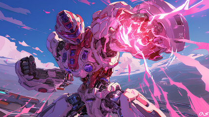 anime mechanical technology pink ranger from heroic pose - obrazy, fototapety, plakaty