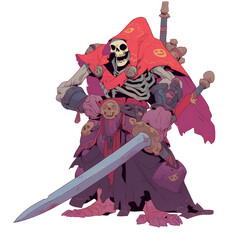 an illustration of a gashadokuro skull skeleton monster, wearing red clothing, holding a sword