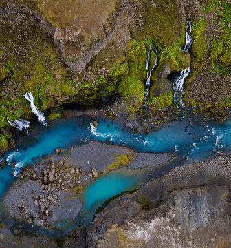 Aerial view of the beautiful azure waterfalls in the Valley of Tears  - Sig&ouml;lduglj&uacute;fur canyon in Icelandic Highland