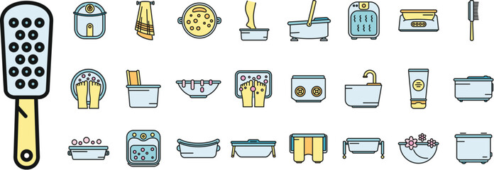 Foot bath icons set outline vector. Beauty calm. Health massage color line isolated