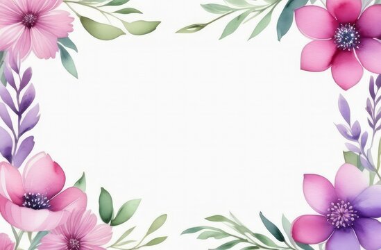 Watercolor border frame with pink purple flowers isolated on white background.