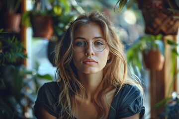 Introspective woman with blond hair and glasses surrounded by lush indoor plants