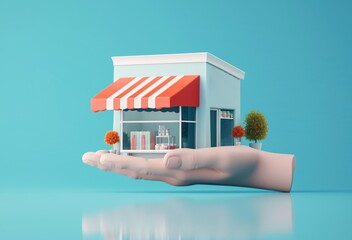 3D Hand grasping Commercial structure. Store space for lease or purchase. E-commerce idea. Trade and enterprise. Agent for purchasers. 
