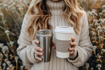 A chic, lovely lady with a disposable coffee cup and a reusable metal tumbler, promoting eco-friendliness by avoiding plastic and straws and aiming for zero waste.