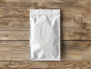white packaging bag mockup, on a wooden table